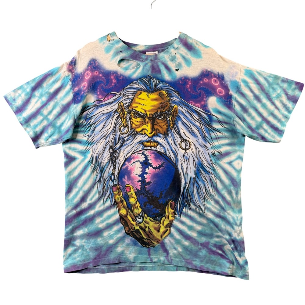 Vintage 1994 Wild Oats Wizard Tie Dye T Shirt‎ Ryan Dunlavey L Blue Purple 90s
